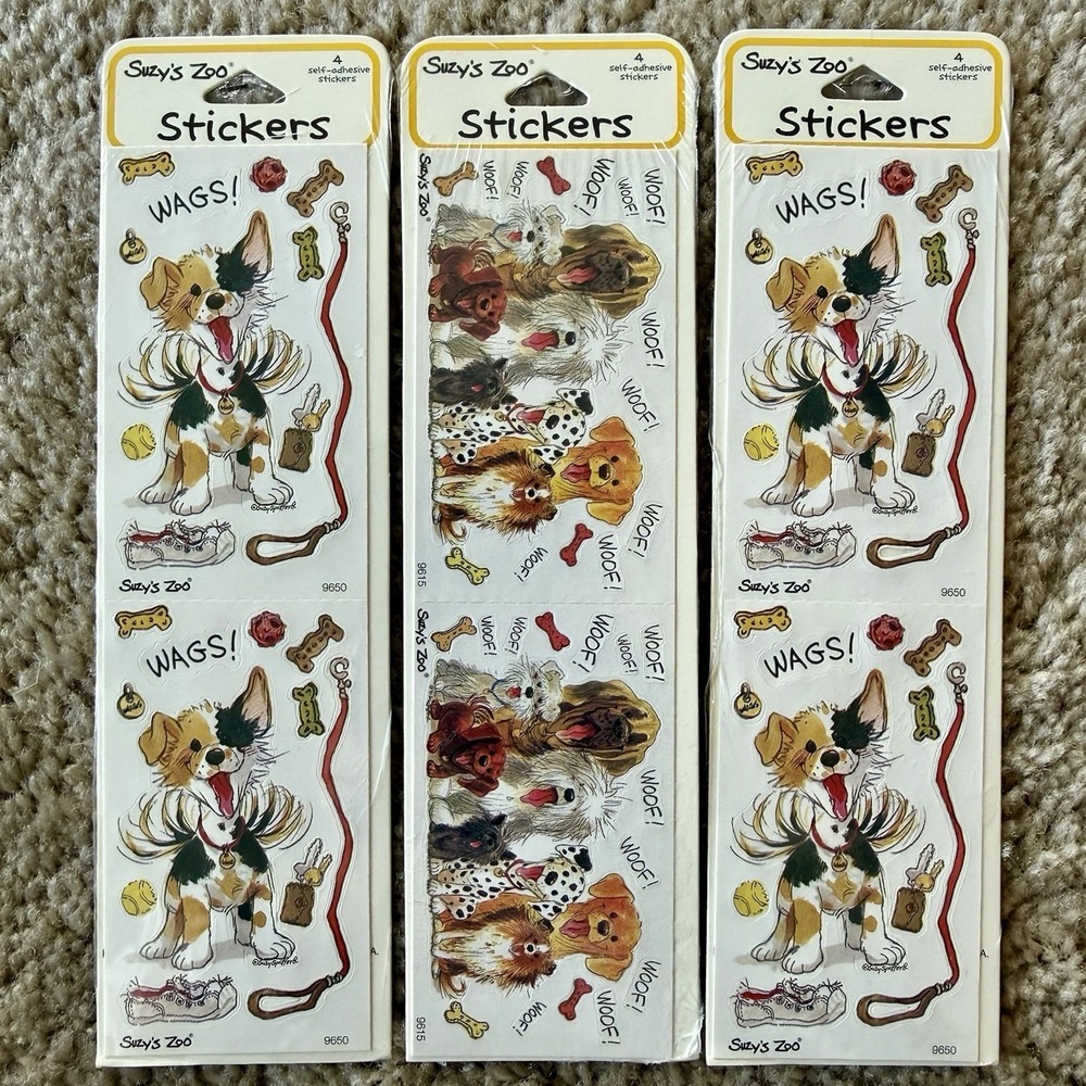 Vintage Suzys Zoo Stickers Puppy Dog Wags Woof Sealed Pack Lot Of 3 Sheets Rare